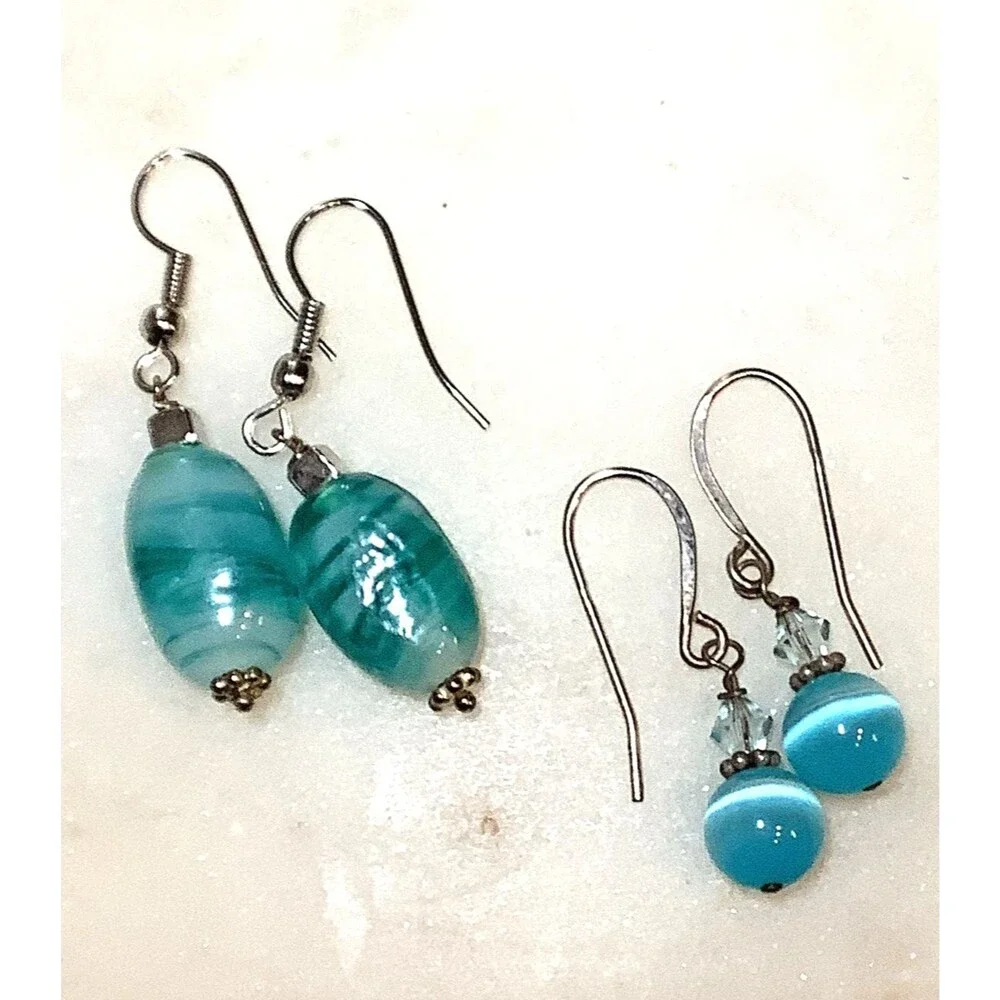 Glass Bead Earrings Blue Hand Blown Glass and Crystal Beaded Dangle Drop 2 Pairs
